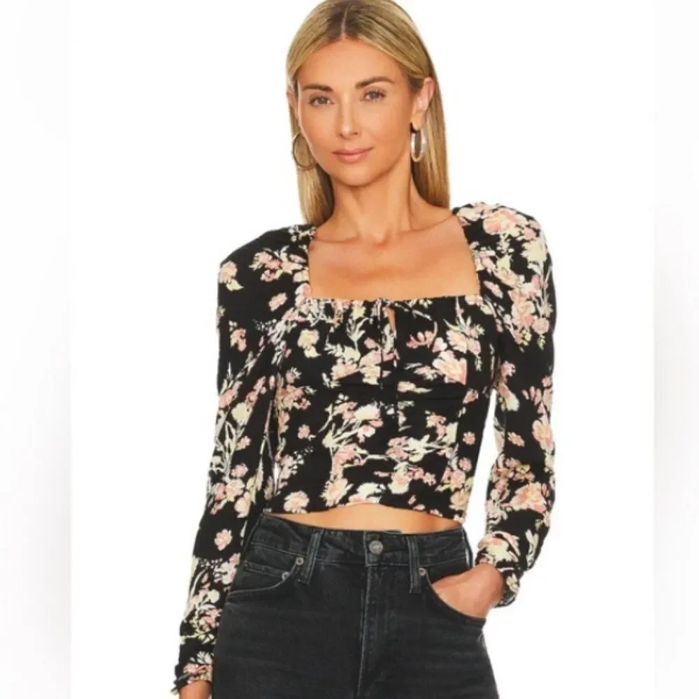 FREE PEOPLE Hilary Floral Cropped Top Square Neck Puff Sleeve Smocked Sz XL NWT